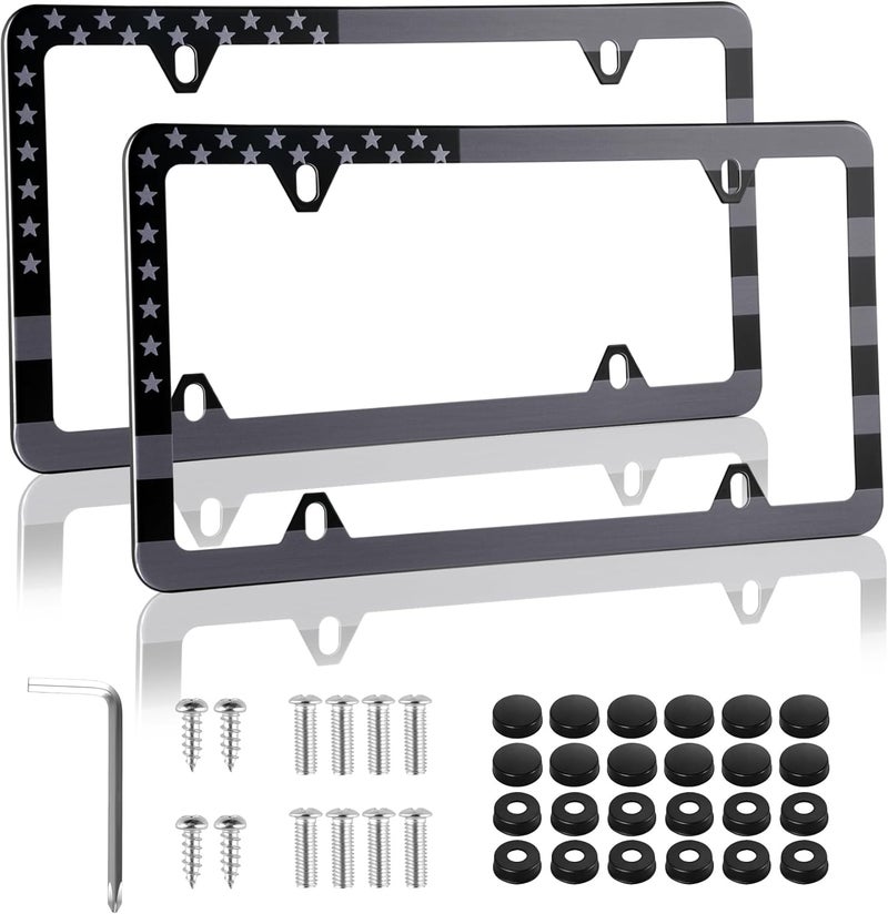 alpmosn 2PCS Stainless Steel License Plate Frames, 4 Holes Car Licence Plate Covers with Screws Washers and Caps, Car Exterior Accessories, License Plate Holder for US Vehicles (Black Flag) - Image 1